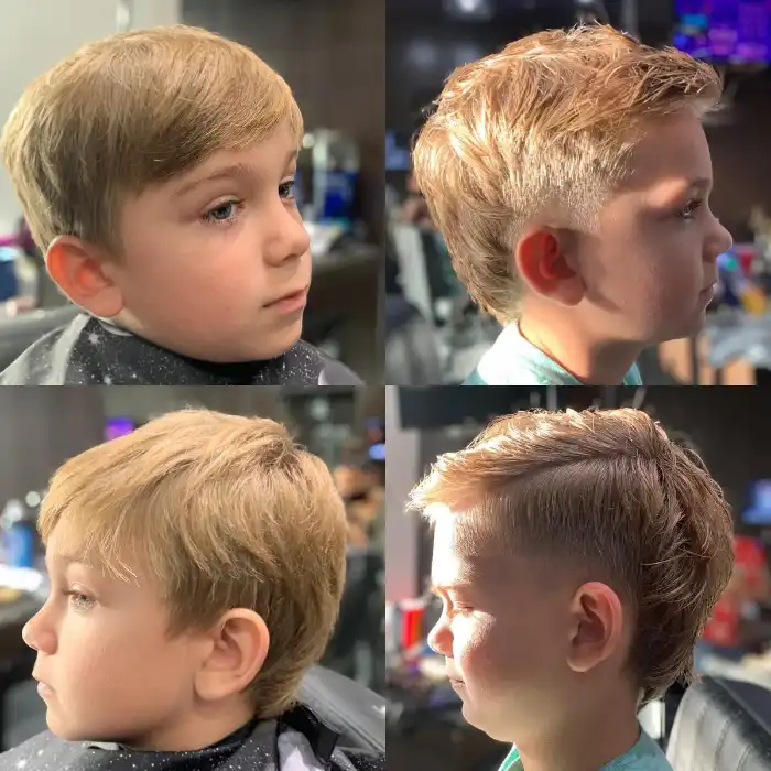 Four-image collage showcasing a short mullet hairstyle from different angles.