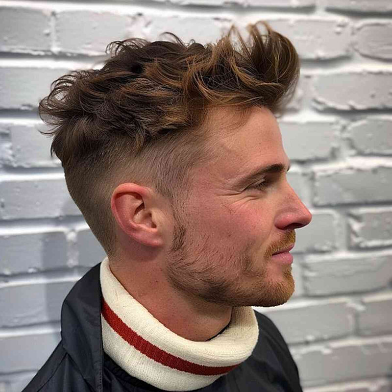 Messy Ivy League haircut with wavy textured top and short faded sides for a casual look