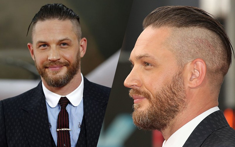 Tom Hardy with a slicked-back undercut featuring short sides and textured top