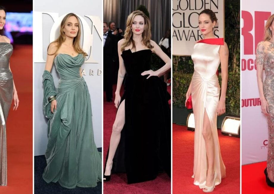 A high-quality red carpet photo of Angelina Jolie showcasing her classic long-layered look.