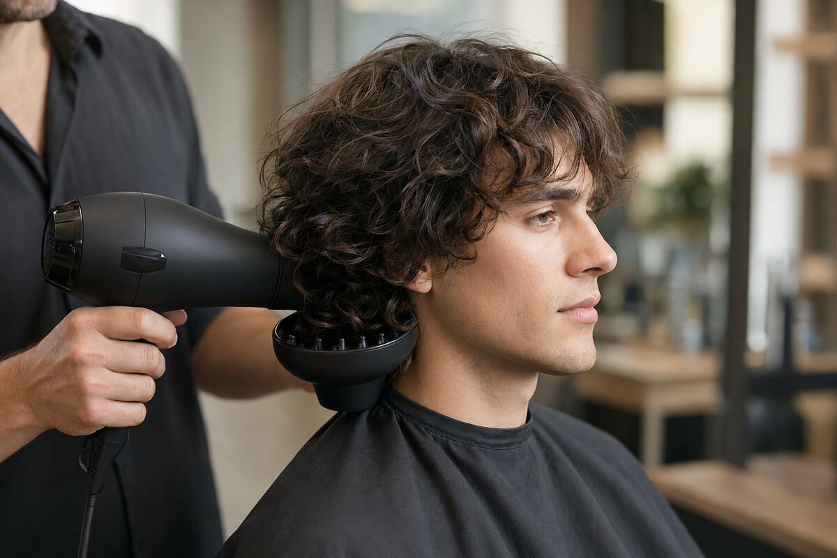 A hairstylist holding a bowl diffuser beneath the ends of medium-length wavy hair.