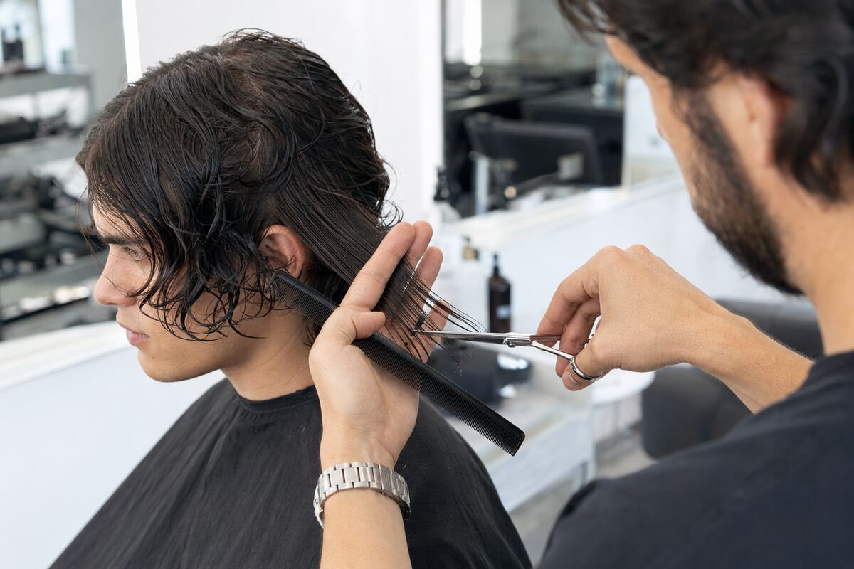 A hairstylist point-cutting a controlled section of damp, medium-length wavy hair.