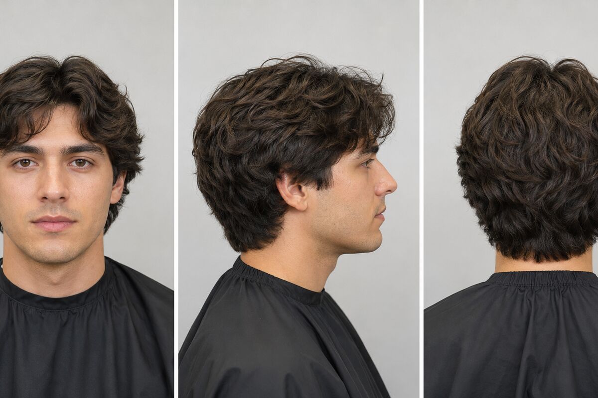 Front, side, and back salon views of the same fictional male model with a connected medium-length layered wavy flow.