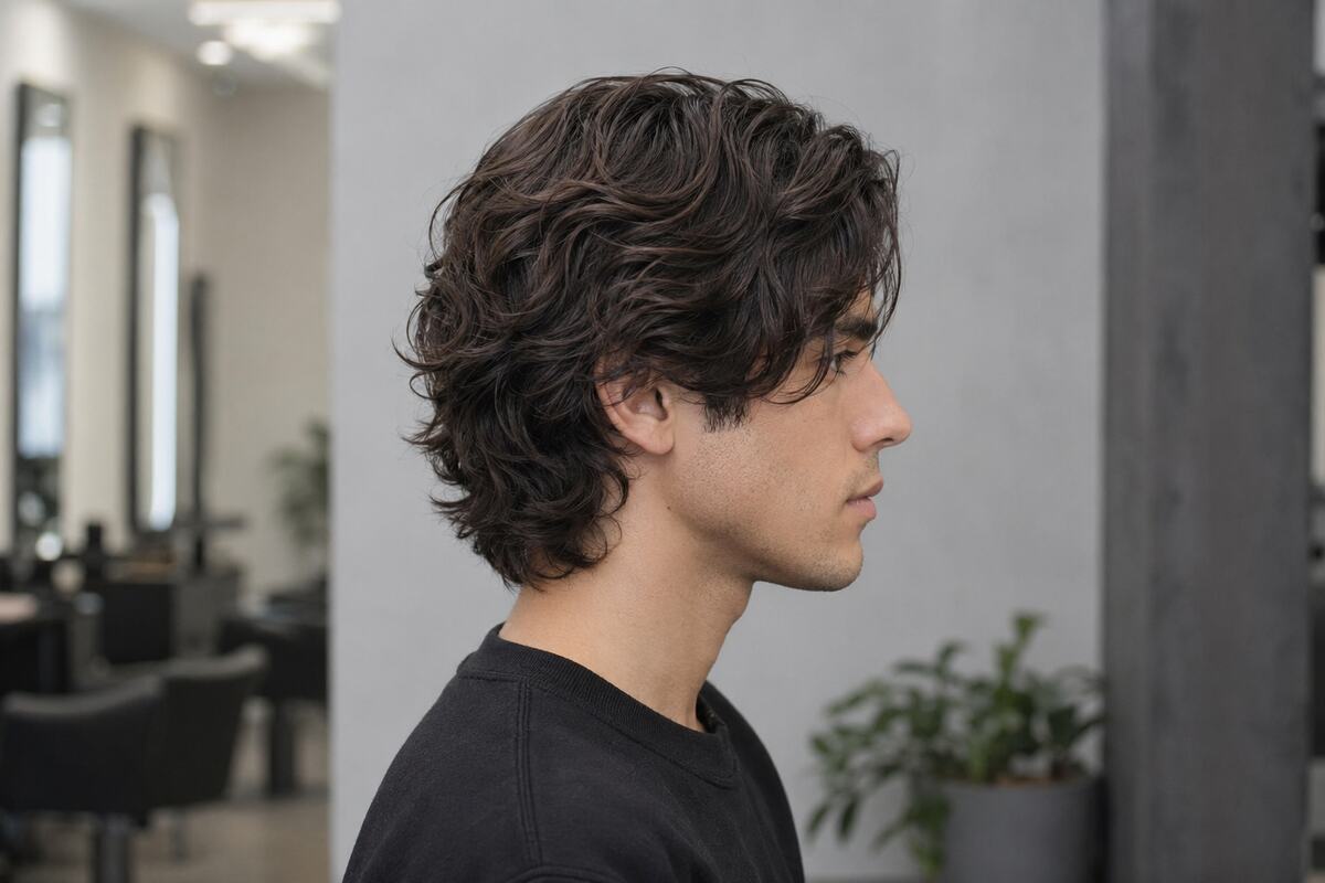 Side profile of a fictional male model with a medium-length wavy flow, connected sides, and no fade.